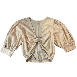 YFB Young Fabulous Broke Beige linen blend. Cropped 3/4 Shirt Women's M.
